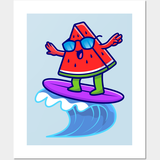 Cute Watermelon Surfing In The Sea Cartoon Wall Art by Catalyst Labs